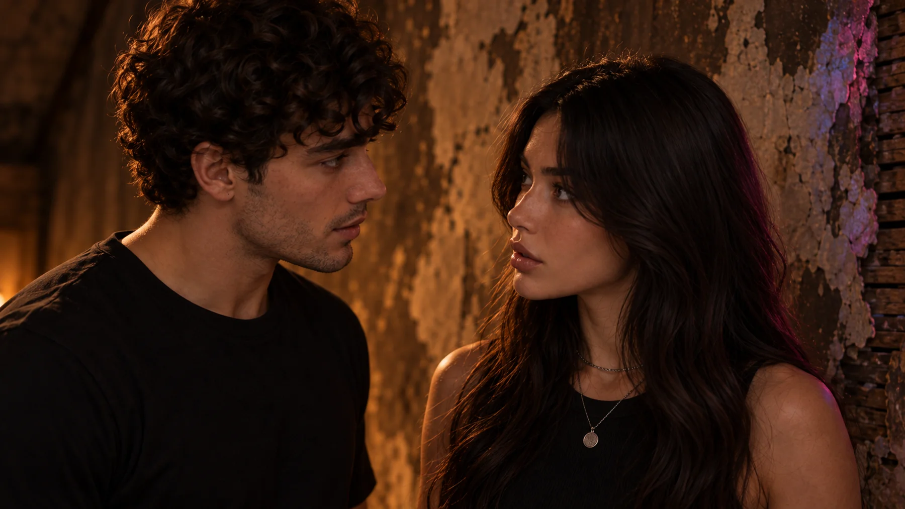 Two characters face each other at a party in We Were Wrecked
